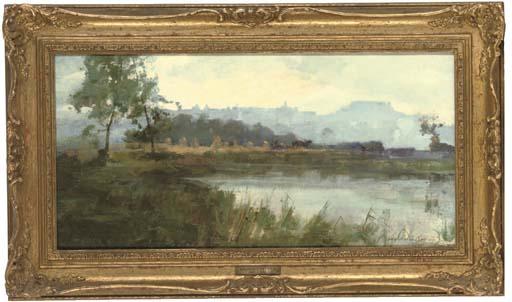Archibald Kay, R.S.A., R.S.W. - Corn stooks along a river bank, a castle beyond