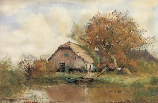 Arend Jan Van Driesten - A farm in a polder landscape with a peasantwoman doing the laundry