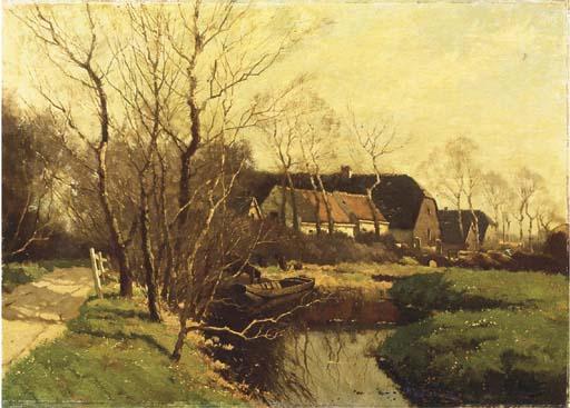Arend Jan van Driesten - In de Weipoort, Zoeterwoude: Farm In A River Landscape