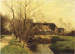 Arend Jan van Driesten - In de Weipoort, Zoeterwoude: Farm In A River Landscape
