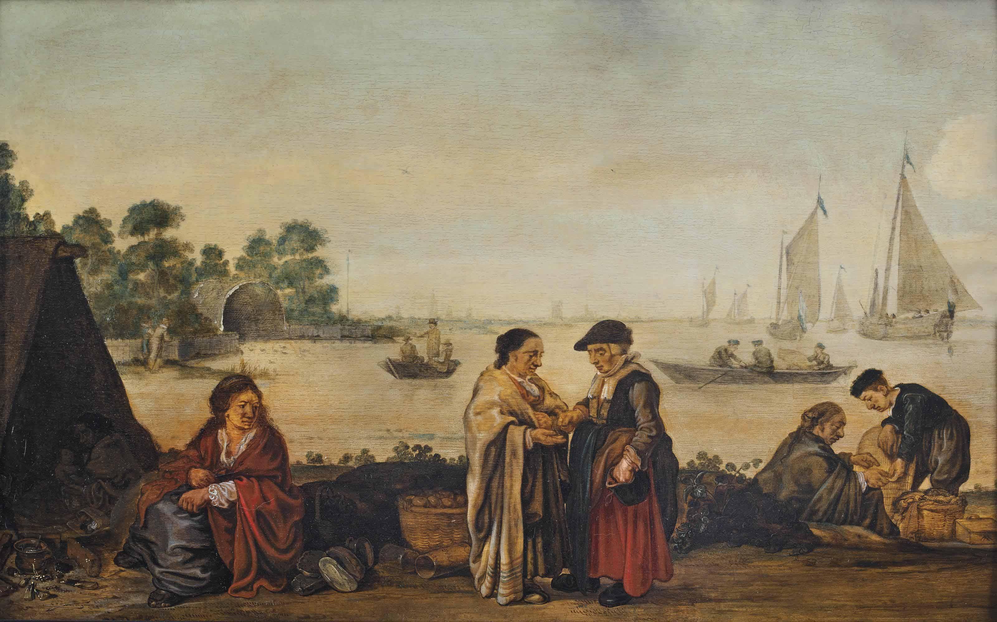 Arent Arentsz - A river landscape with a fisher woman giving a coin to a gypsy