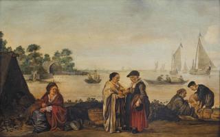 Arent Arentsz - A river landscape with a fisher woman giving a coin to a gypsy