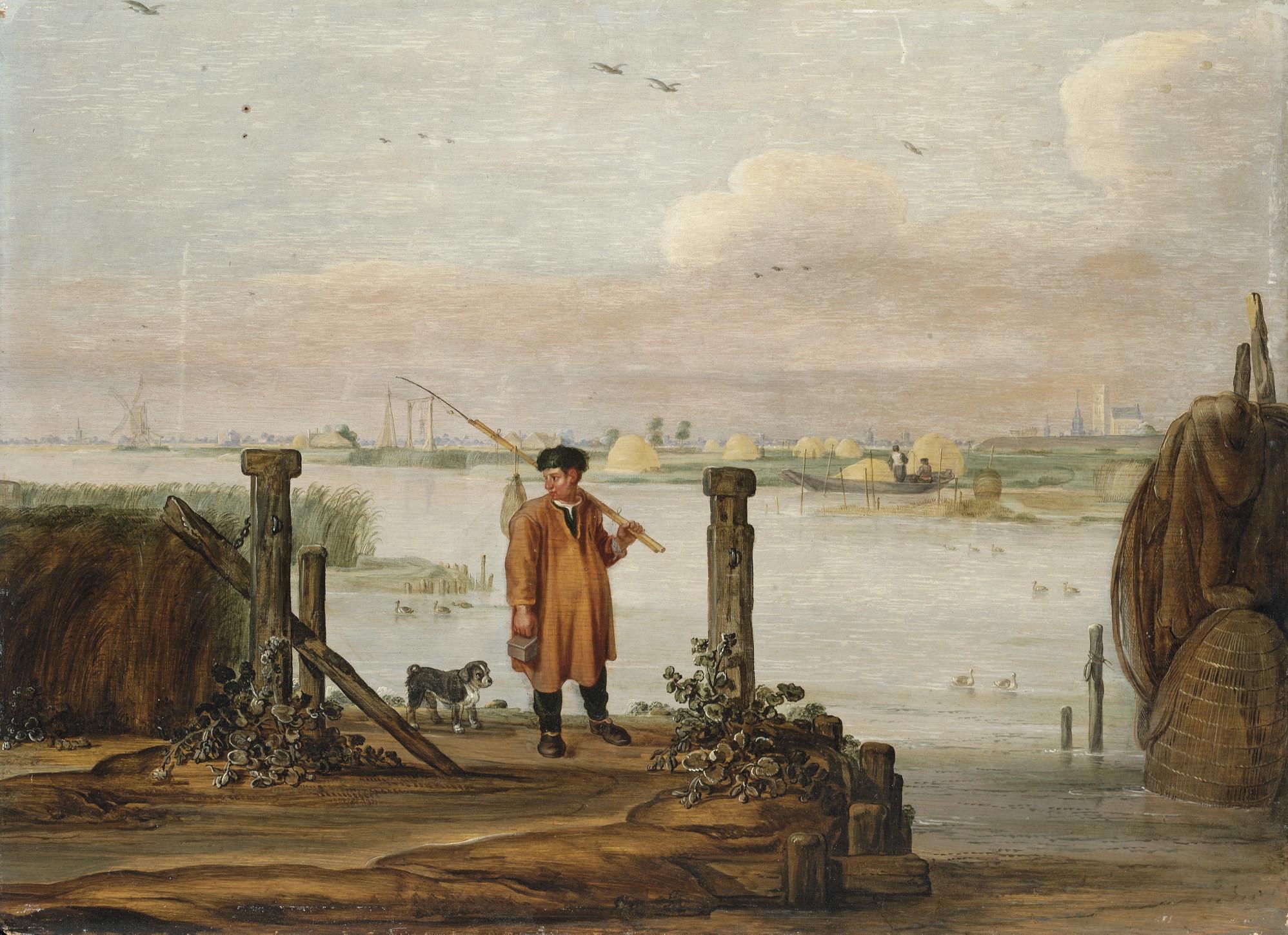 Arent Arentsz. - An extensive river landscape with a fisherman by the quayside