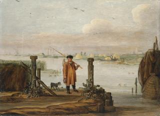 Arent Arentsz. - An extensive river landscape with a fisherman by the quayside