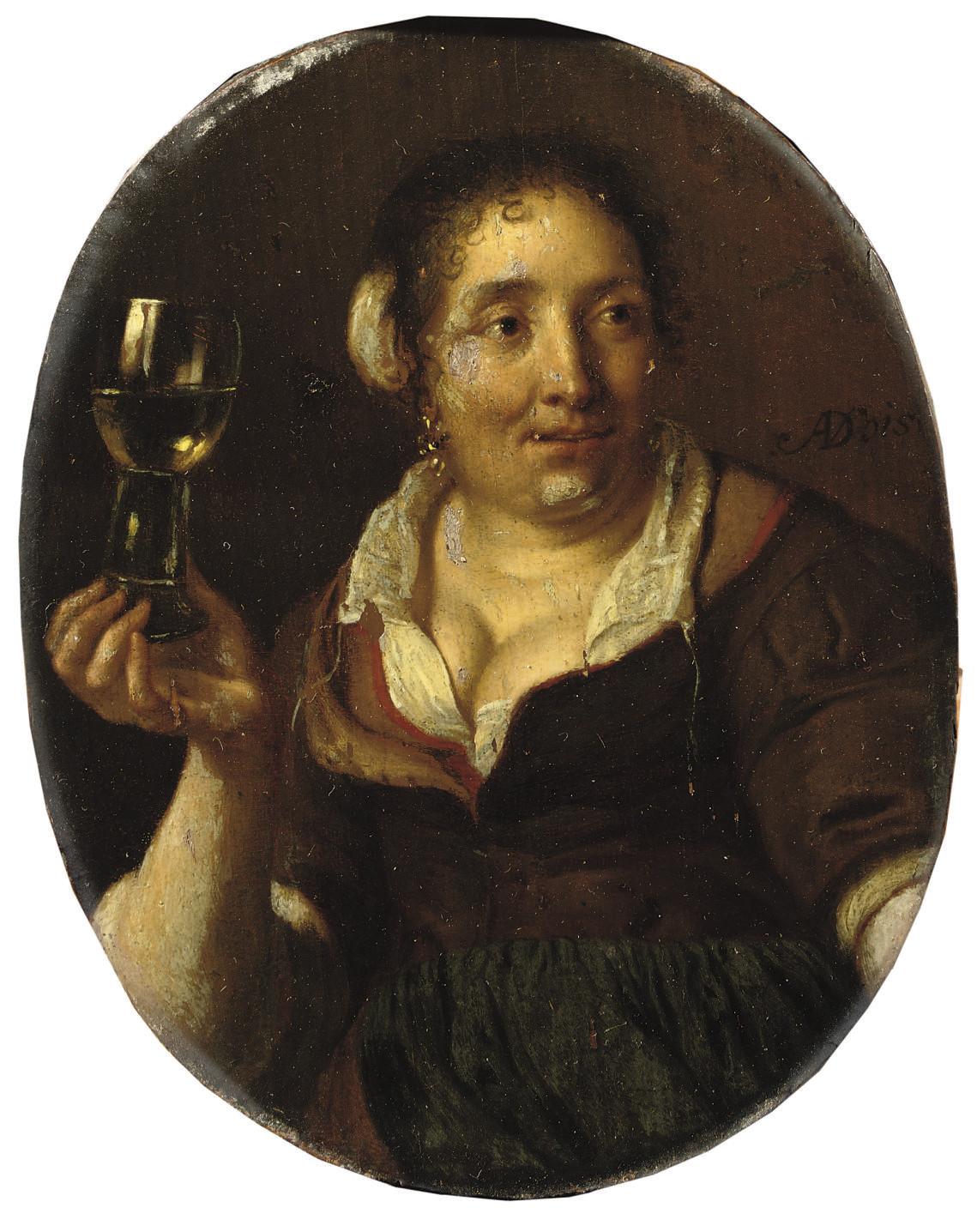 Arie De Vois - A peasant woman holding a glass of wine