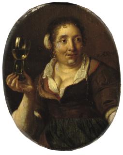 Arie De Vois - A peasant woman holding a glass of wine