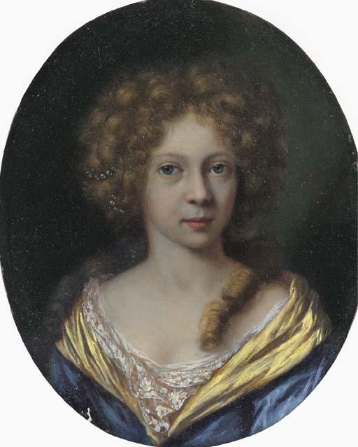 Arie De Vois - Portrait of a lady, small bust-length, in a blue dress with a yellow border