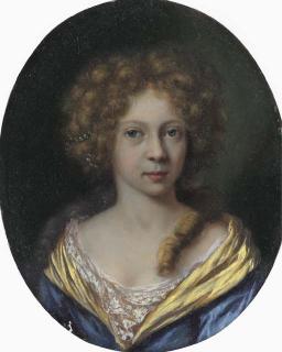 Arie De Vois - Portrait of a lady, small bust-length, in a blue dress with a yellow border