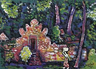 Arie Smit - Balinese landscape with a Balinese woman passing a temple gate