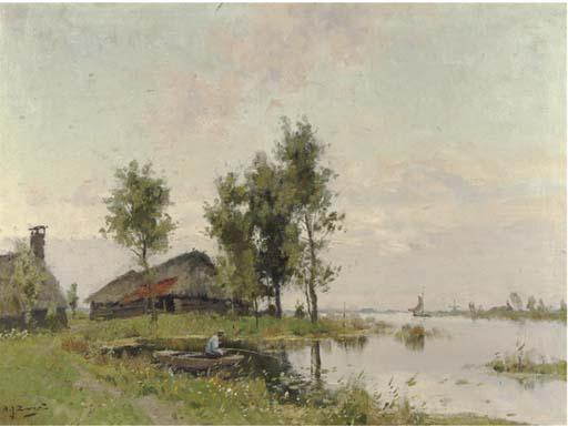 Arie Zwart - Fishing in a polder landscape
