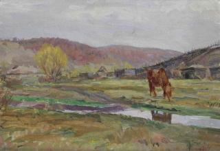 Arkady Plastov - A horse grazing in a field along a river