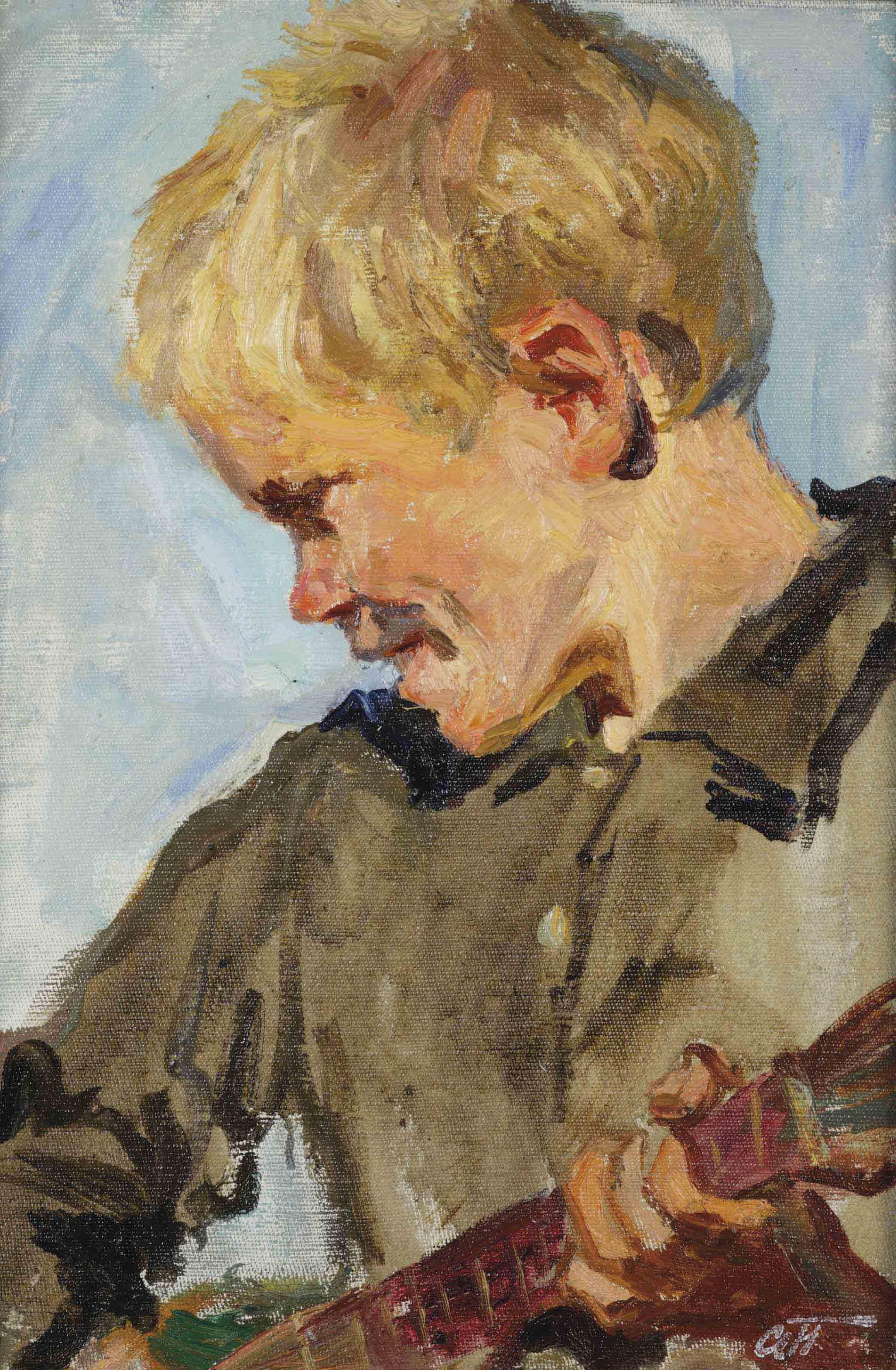 Arkady Plastov - Study for \'The Fair\': A boy playing the balalaika