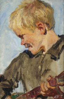 Arkady Plastov - Study for \'The Fair\': A boy playing the balalaika