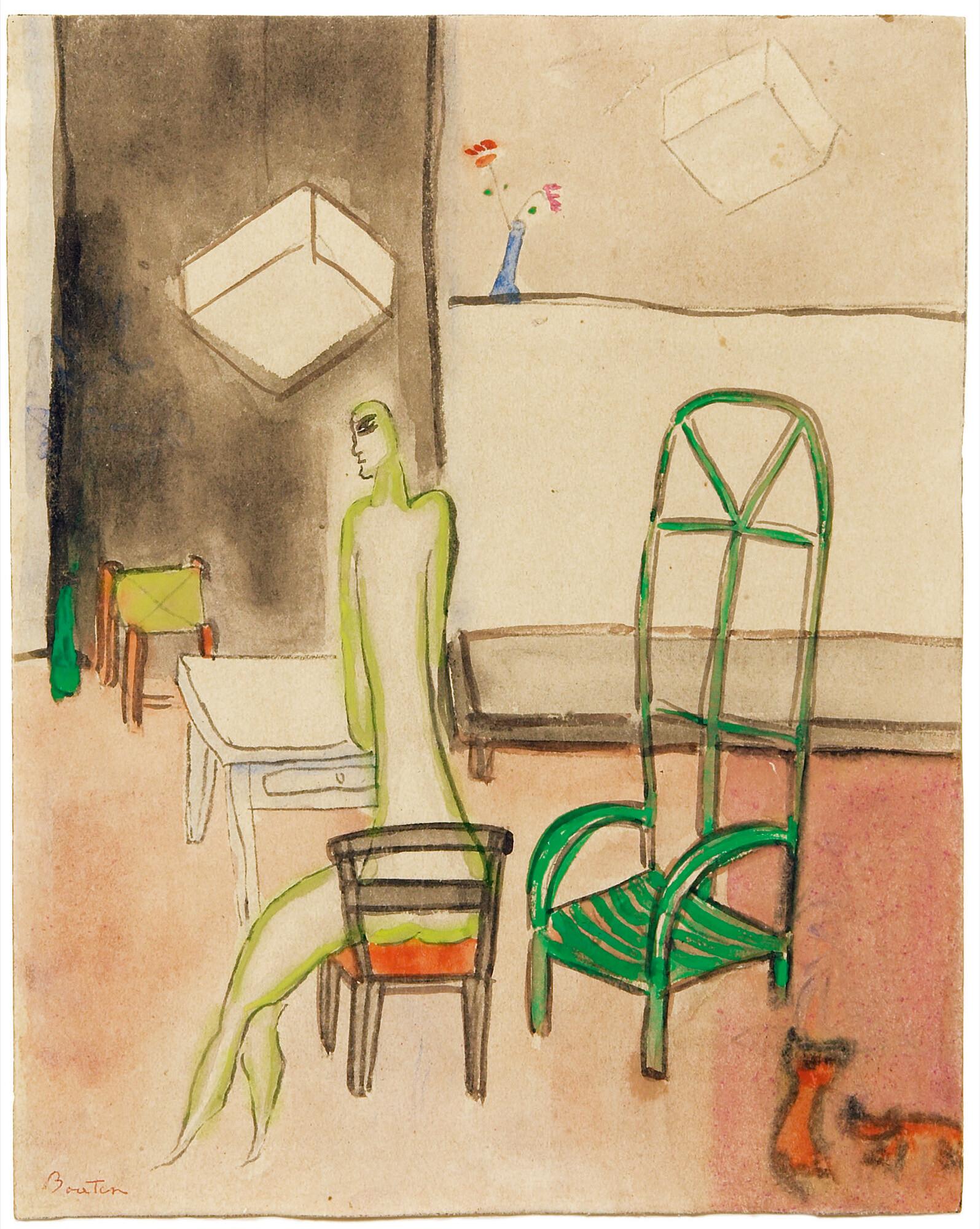 Armand Bouten - Interieur mit sitzender Figur und Katzen.