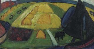 Armand Bouten - Landscape with haystacks, a sailing boat in the foreground