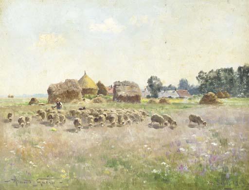 Armand Guéry - A Shepherd With His Flock In A Pasture