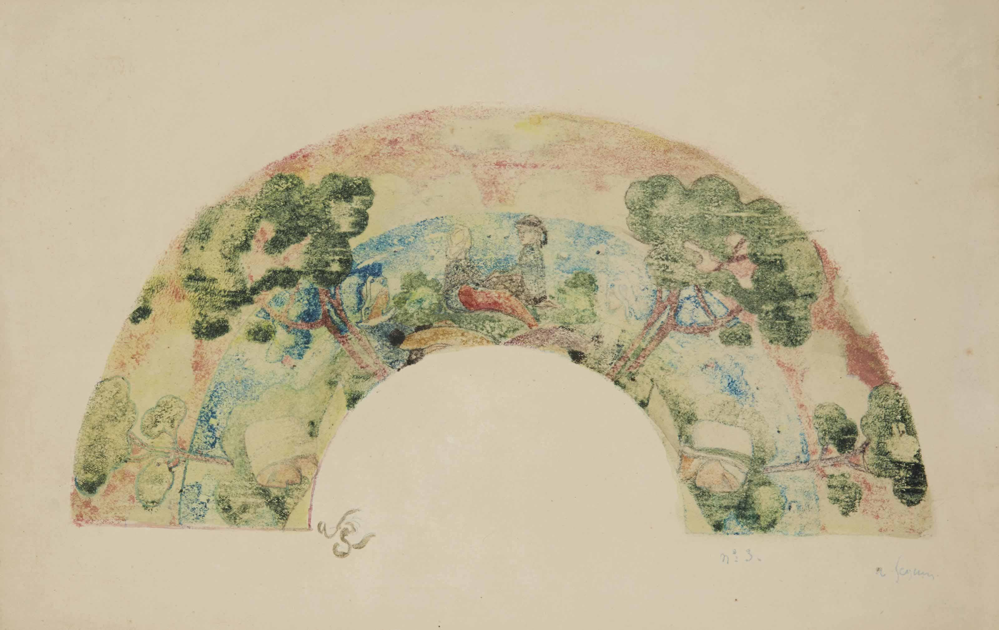 Armand Seguin - Eventail, Couple De Bretons Face À La Mer