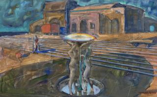 Armando Morales - Estudio chico de patio ferroviario y fuente