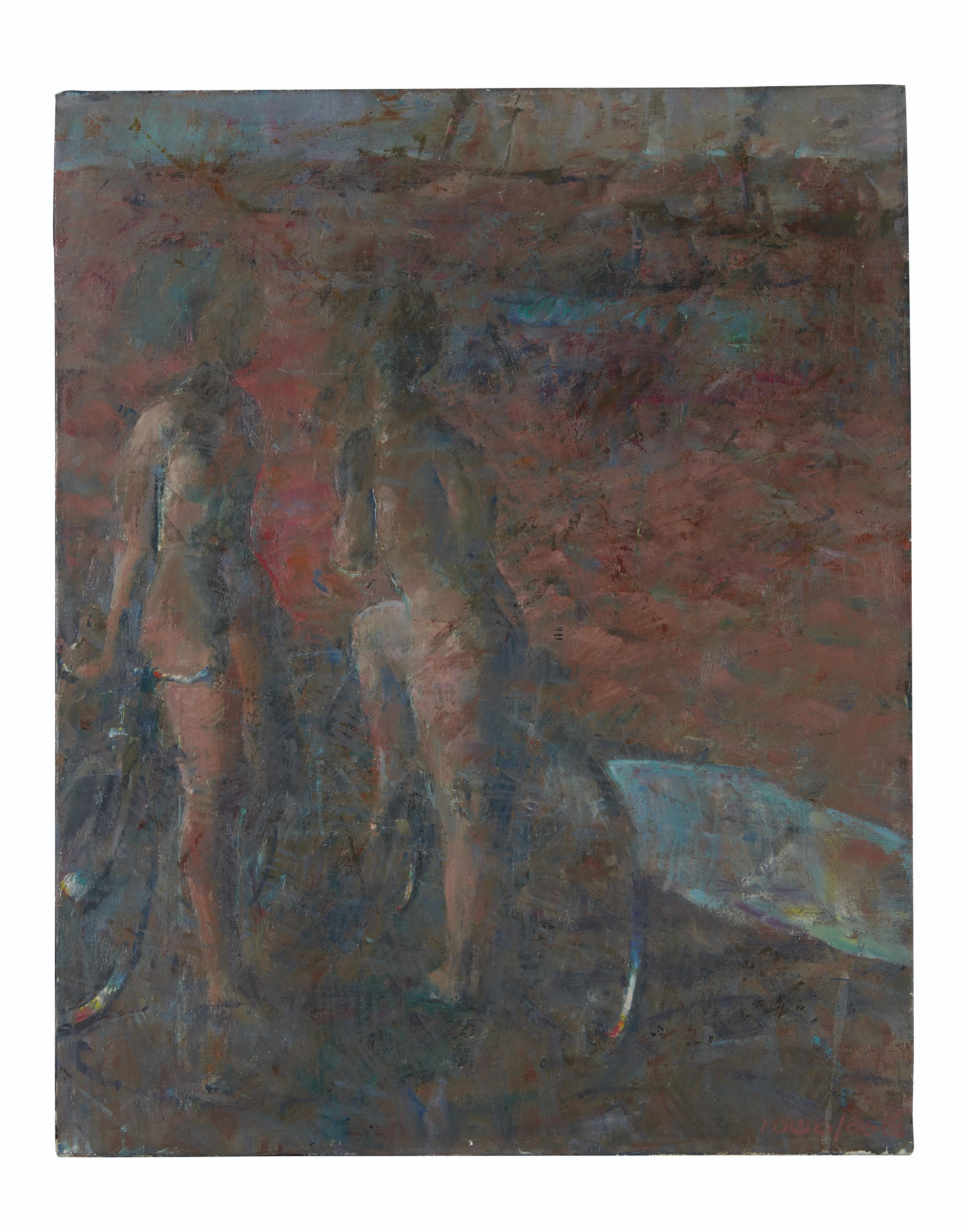 Armando Morales - Paysage: Deux nus, bicyclettes, trois bateaux au fond