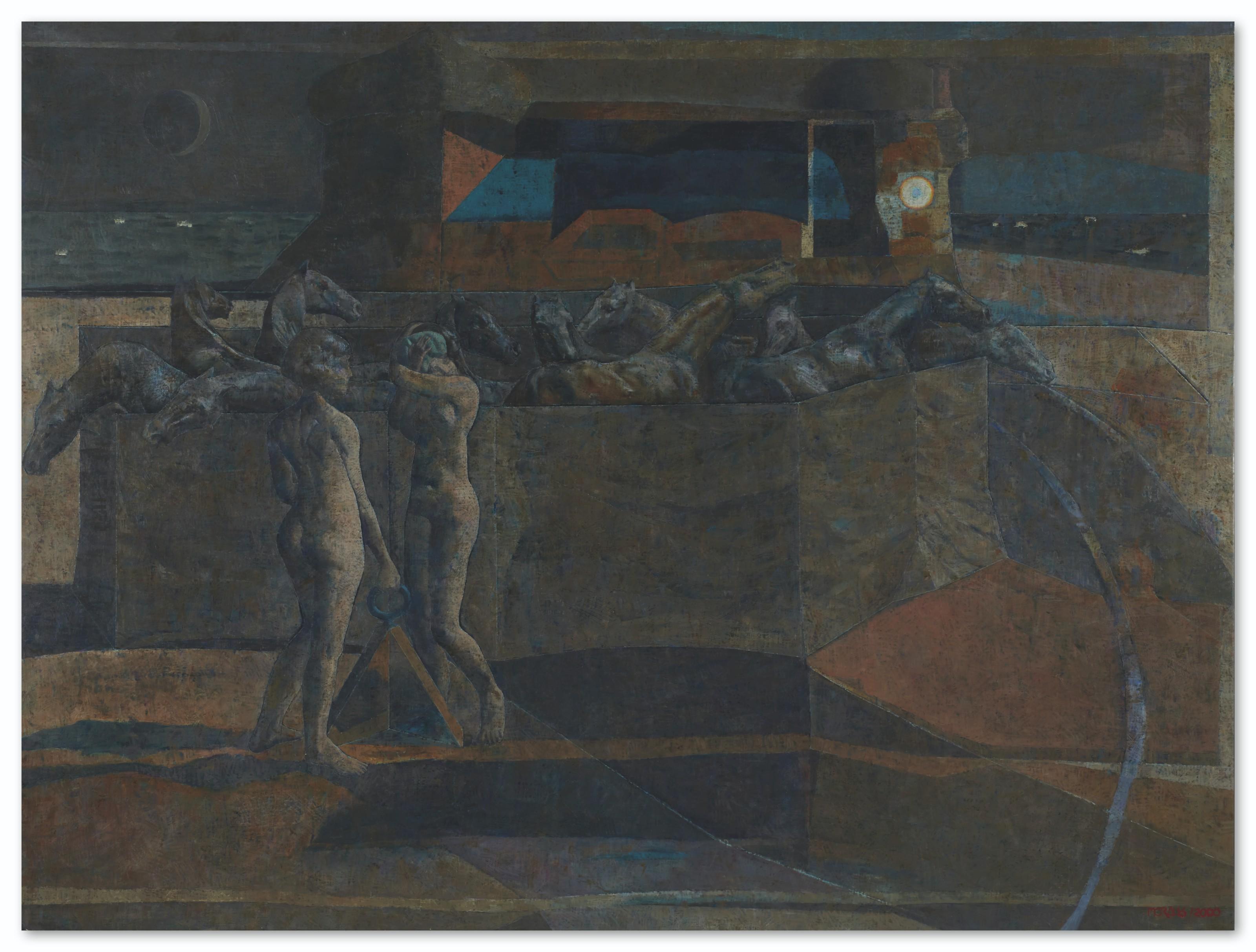 Armando Morales - Sueño con bañistas, caballos encerrados, edificio al fondo