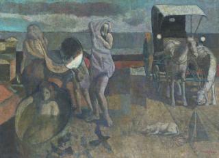 Armando Morales - Sueño: Tres bañistas, coche, perro, enana sosteniendo un espejo, pájaros