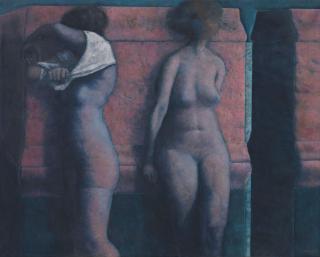 Armando Morales - Two Nudes Against a Red Wall