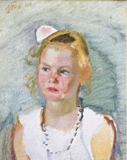 Armando Spadini - Ritrattino della figlia Anna. Mezza figura, veste azzurra, fiocco rosa (1914 circa)