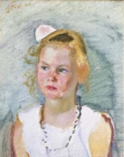 Armando Spadini - Ritrattino della figlia Anna. Mezza figura, veste azzurra, fiocco rosa (1914 circa)