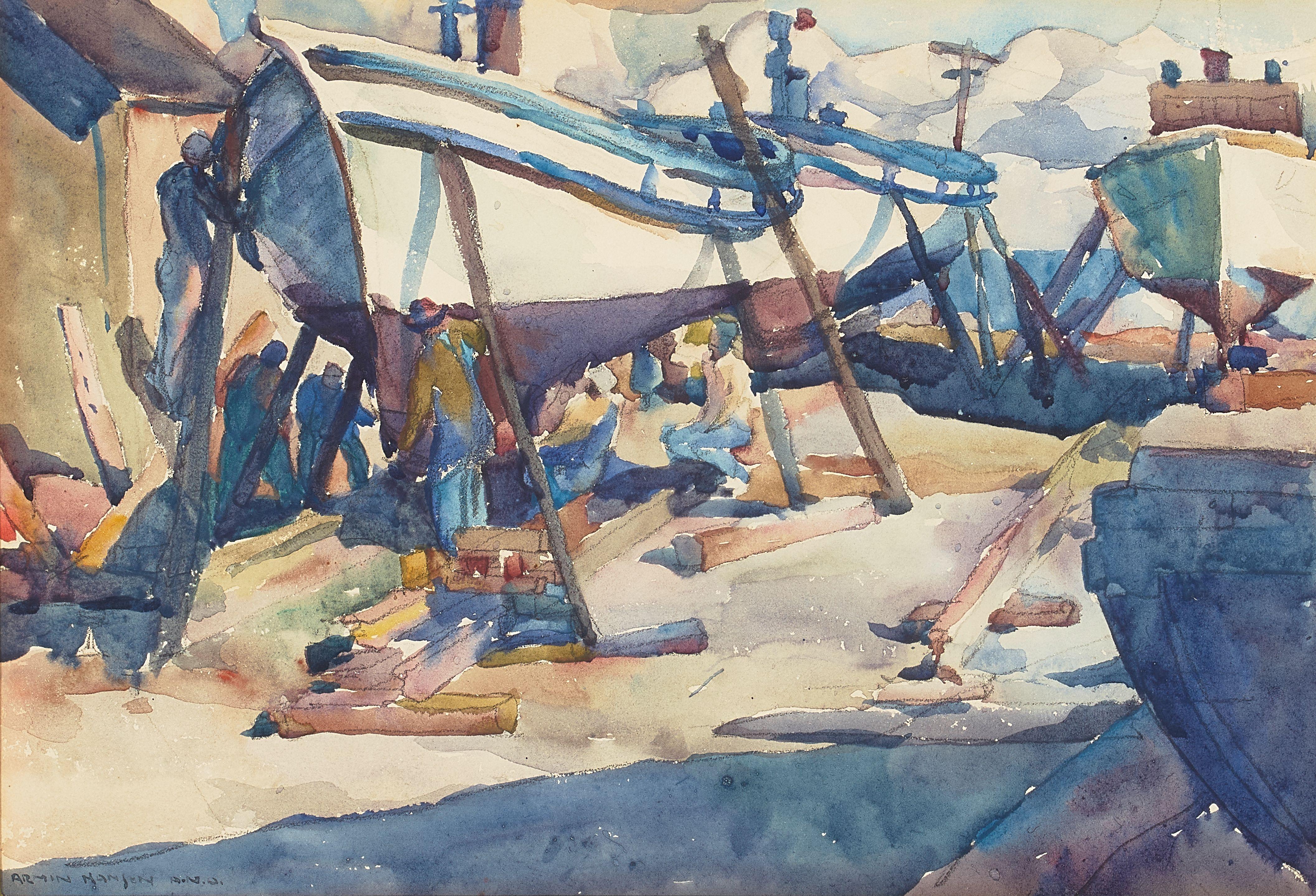 Armin Hansen - Boatyard, Monterey sight 9 1/2 x 14 in. framed 19 x 23 1/2 in.
