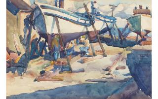 Armin Hansen - Boatyard, Monterey sight 9 1/2 x 14 in. framed 19 x 23 1/2 in.