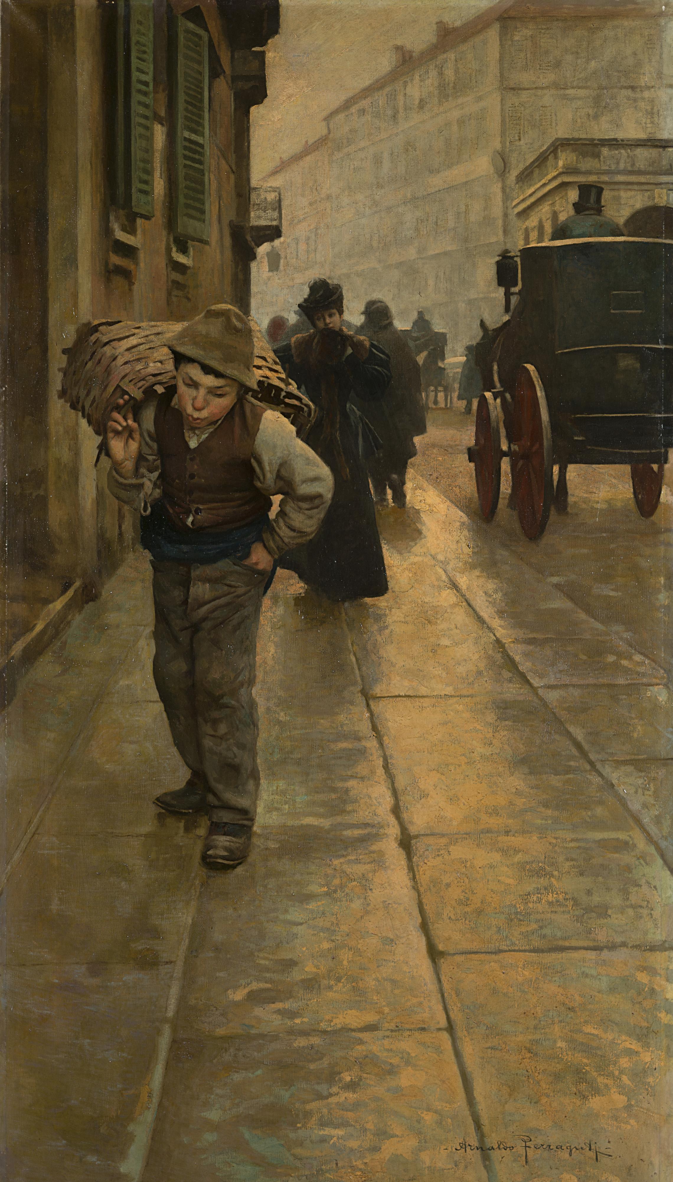 Arnaldo Ferraguti - Via di Milano con piccolo carbonaio, carrozza e figure