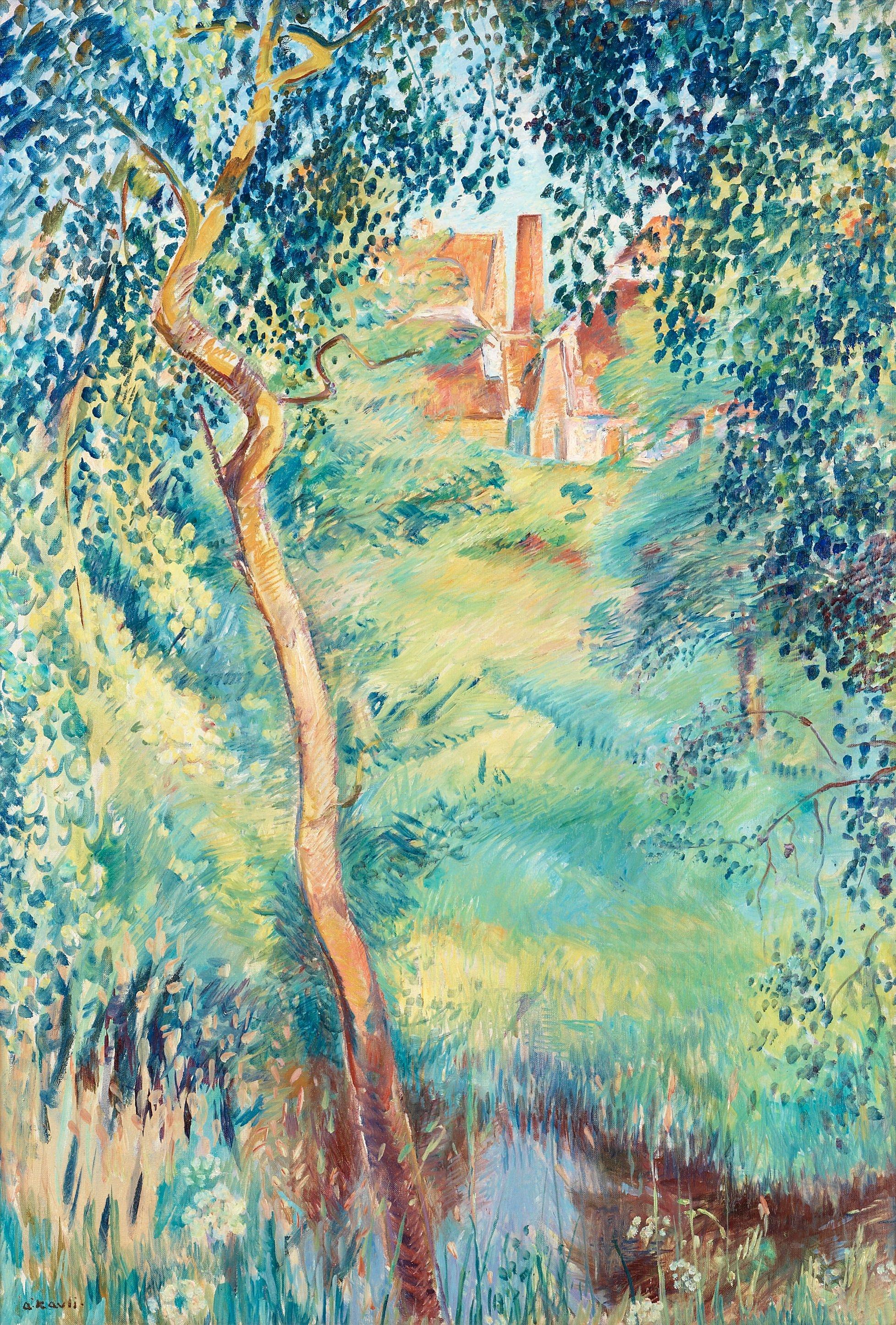 Arne Kavli - Forest pond with farmhouses