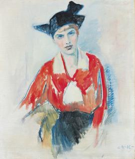 Arne Kavli - Portrett av dame i rødt (Portrait of a lady in red)