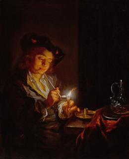 Arnold Boonen - Candlelit interior with a young man seated at a table, lighting his pipe