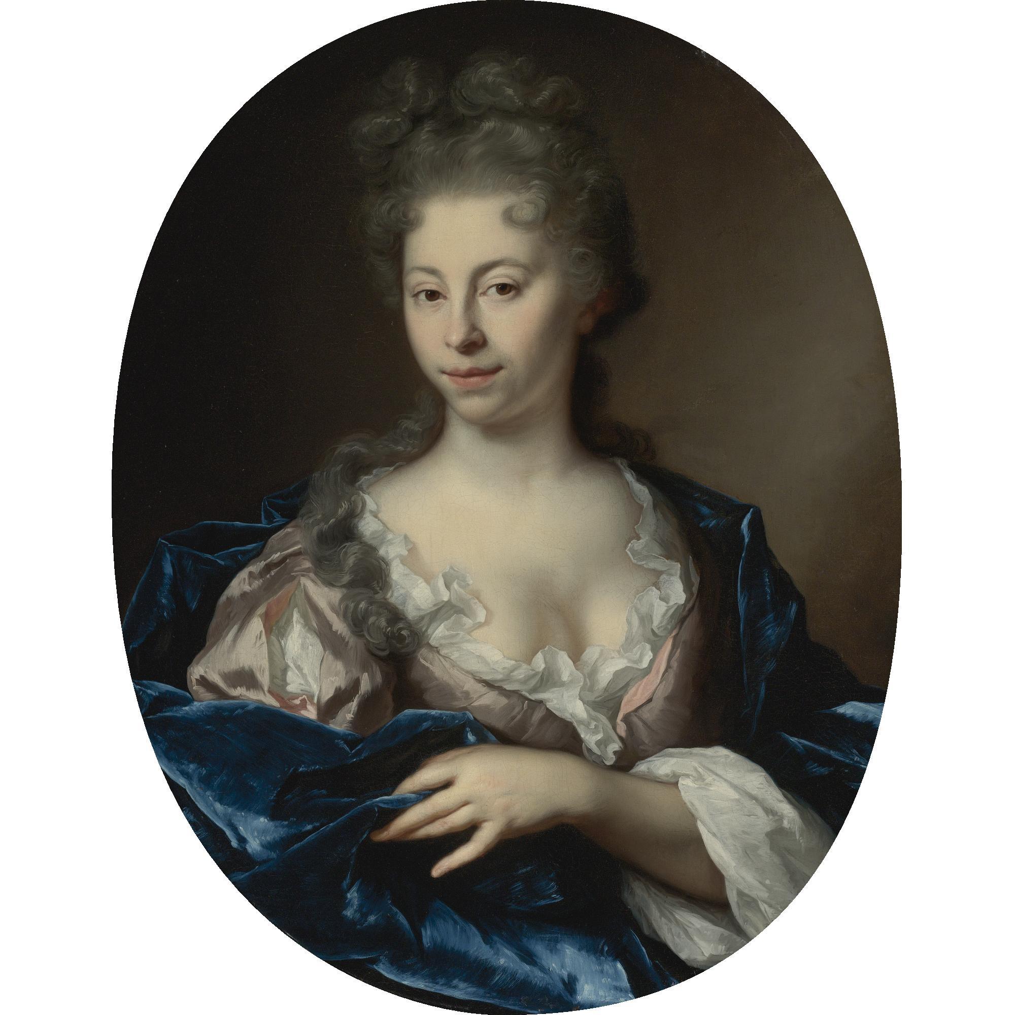 Arnold Boonen - Portrait Of A Lady, Half Length, Wearing A Pink Dress With A Blue Wrap