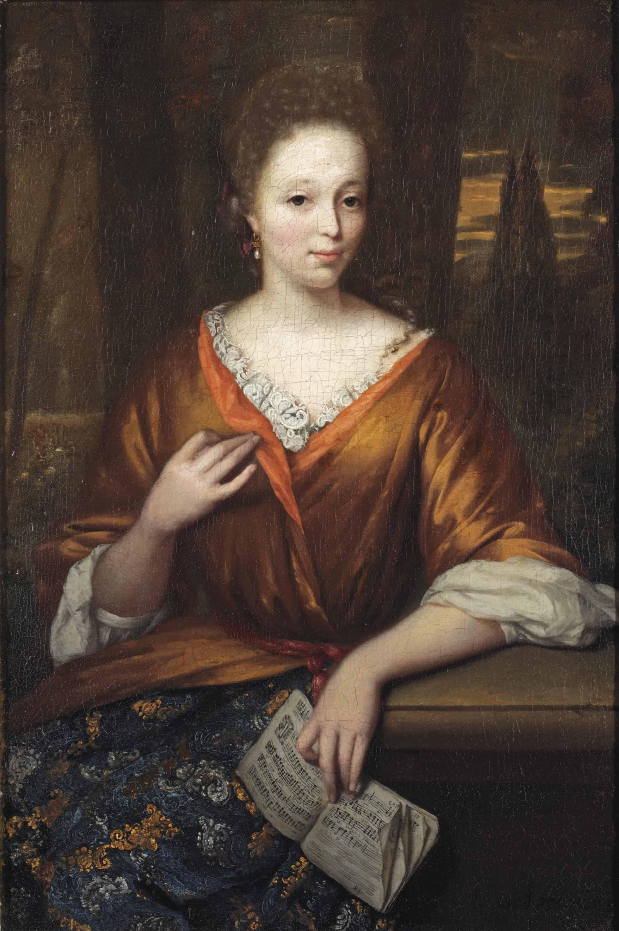 Arnold Boonen - Portrait of a young lady, three-quarter-length, in an orange embroidered silk dress with ochre mantle and lace chemise, seated in a park landscape and holding a sheet of music