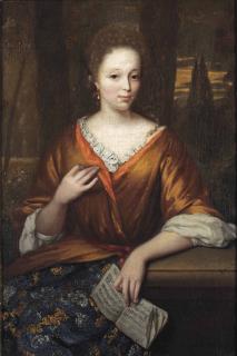 Arnold Boonen - Portrait of a young lady, three-quarter-length, in an orange embroidered silk dress with ochre mantle and lace chemise, seated in a park landscape and holding a sheet of music