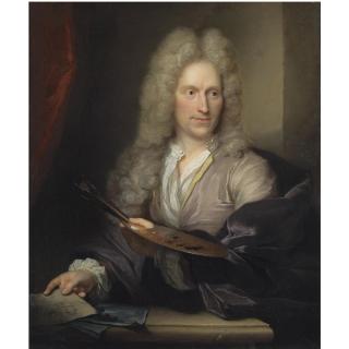 Arnold Boonen - Portrait Of Jan Van Huysum (1682 - 1749), Half Length, Standing Behind A Stone Pedestal, A Palette And Paint Brushes In His Left Hand, A Drawing Of A Bouquet Of Flowers In His Other Hand, A Drawing Of A Landscape Beneath
