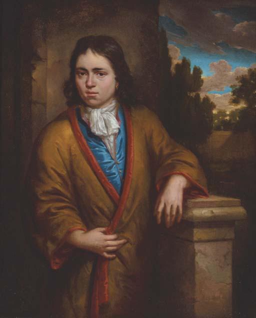 Arnold Houbraken - Portrait of a young man, three-quarter-length, in a yellow silk kimono with a red lining, wearing an earring, leaning on a stone plinth, a view to a garden beyond