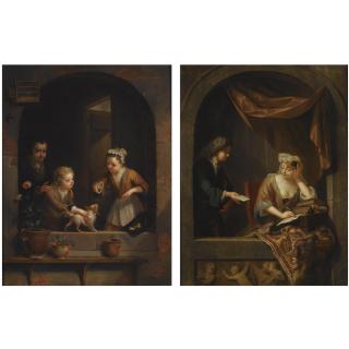 Arnold Houbraken - Two Young Children Playing With A Dog In A Niche, Together With An Elderly Woman; An Elegant Lady Writing, Seated In A Niche Draped With A Carpet, Receiving A Letter From A Messenger