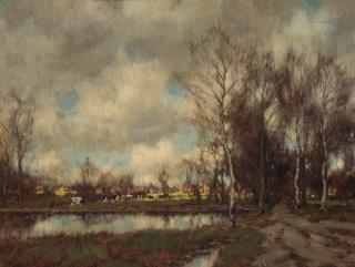 Arnold Marc Gorter - A landscape with birchtrees and cows in a sunlit meadow