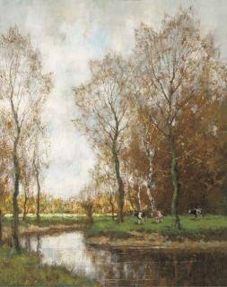 Arnold Marc Gorter - Cows grazing by a stream in a wooded landscape