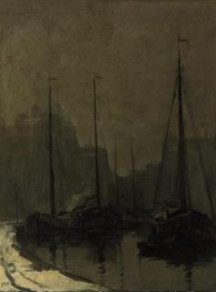 Arnold Marc Gorter - Moored vessels along a quay in winter