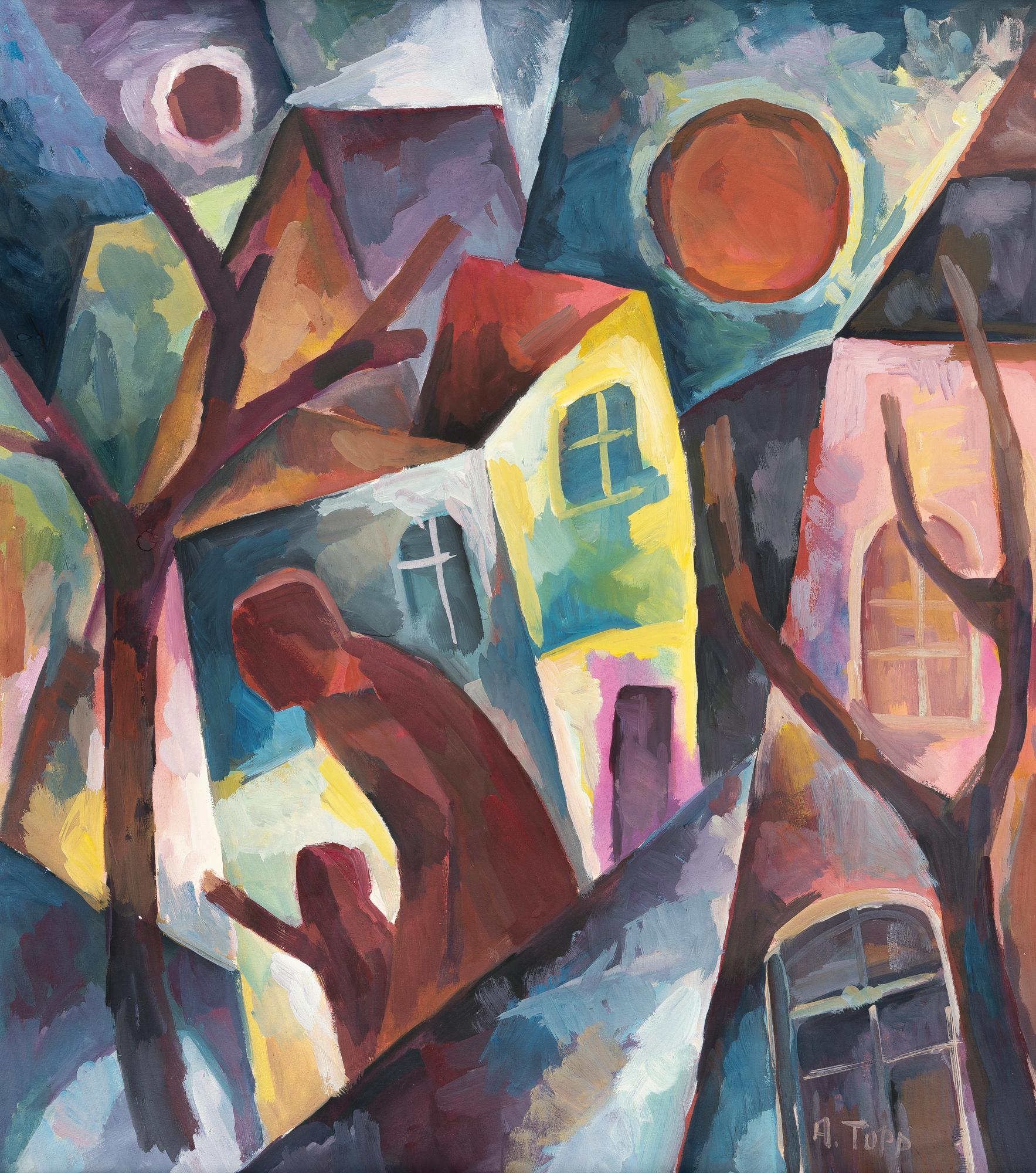 Arnold Topp - Stadtlandschaft mit zwei roten Gestalten