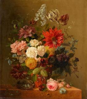 Arnoldus Bloemers - Blumenstillleben mit Vogelnest