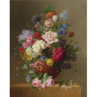 Arnoldus Bloemers - Dutch Still Life Of Roses, Lilac, Peonies, Tulips, An Iris, Auriculas, Fritillaria Imperialis, Morning Glory And Other Flowers In A Terracotta Vase On A Stone Ledge, With A Sprig Of Honeysuckle