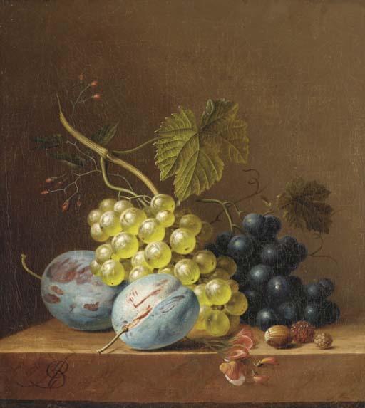 Arnoldus Bloemers - Grapes, Plums, Rasberries and an Acorn on a Wooden Ledge