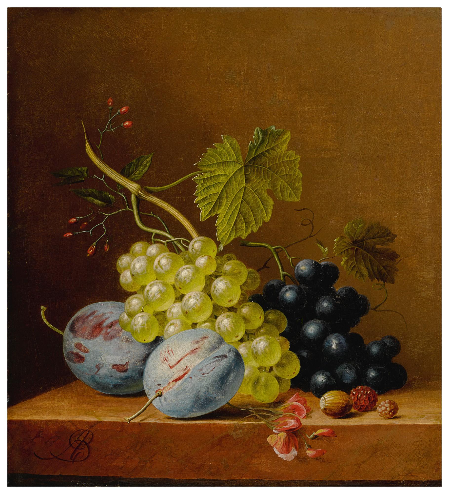 Arnoldus Bloemers - Grapes, plums, raspberries, flowers and an acorn on a wooden ledge