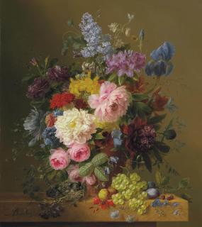 Arnoldus Bloemers - Lilacs, Peonies, Tulips, Roses, Irises and other Flowers with Fruit and a Bird\'s Nest on a Marble Ledge