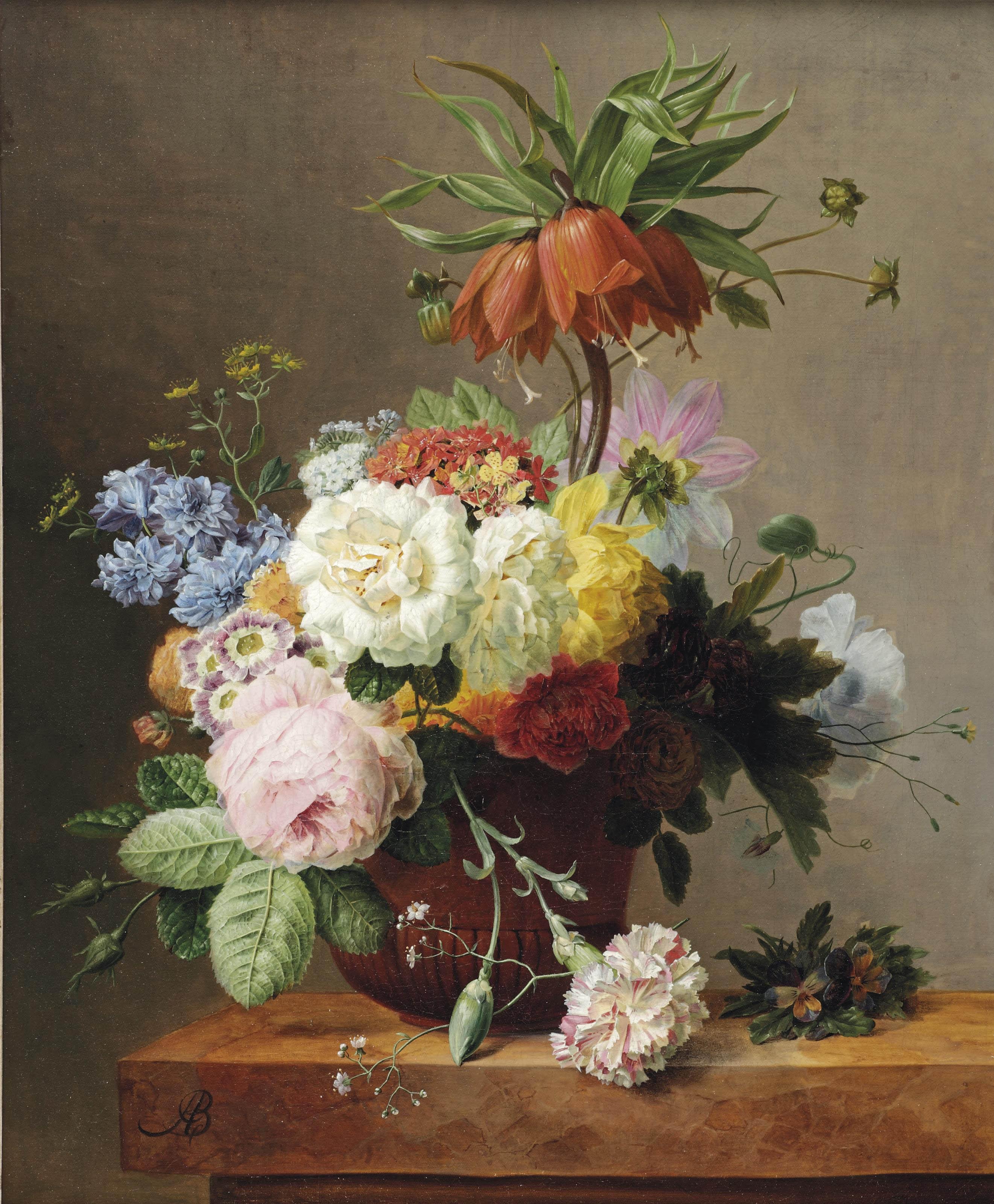 Arnoldus Bloemers - Red fritillaries, peonies, convolvulus, coleseed, red hydrangeas, lilacs, carnations and other flowers in a terracotta, together with violets on a marble ledge
